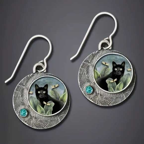 😸Oxidized Silver Alloy Black Cat Circular Hook Drop Earrings - Picture 15 of 15
